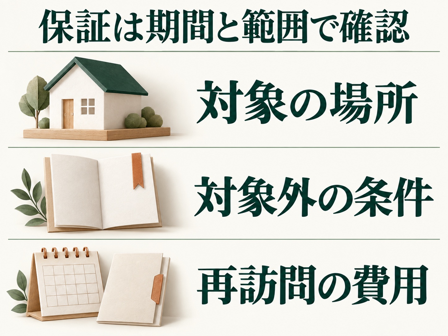 保証で確認する3項目：対象の場所、対象外の条件、再訪問の費用