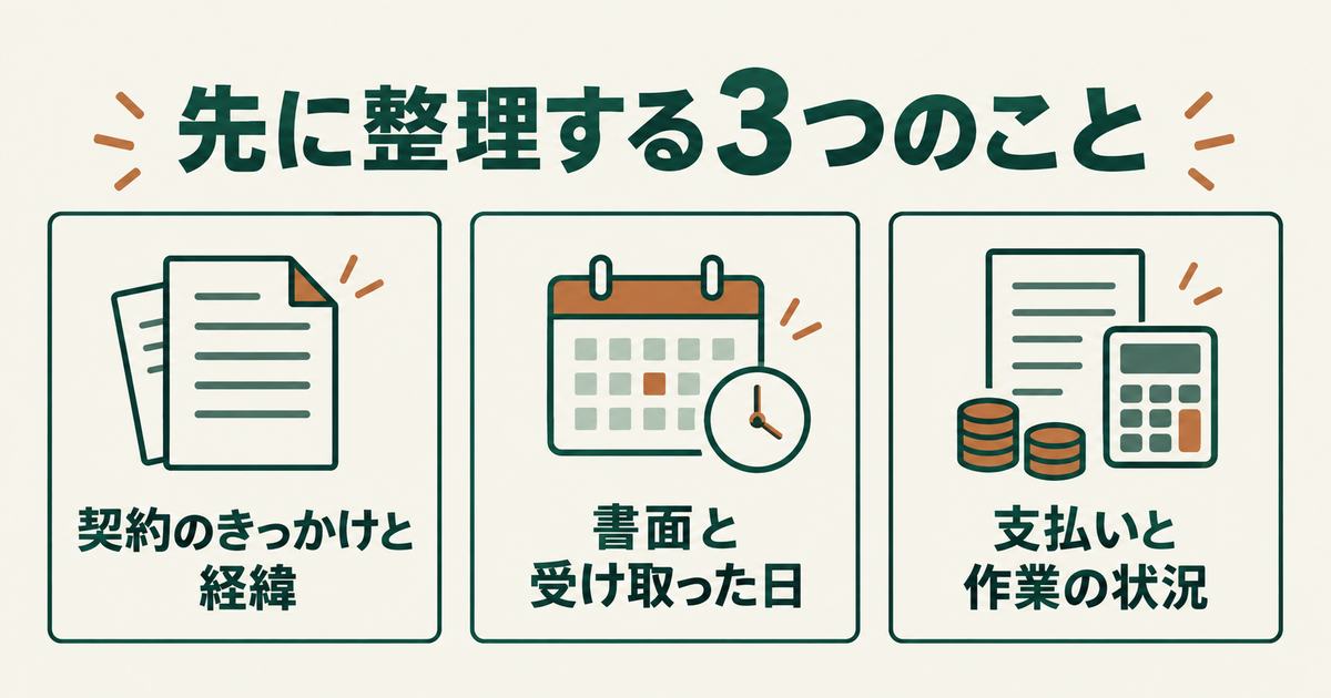 契約後に先に整理する3つのこと：契約のきっかけと経緯、書面と受け取った日、支払いと作業の状況