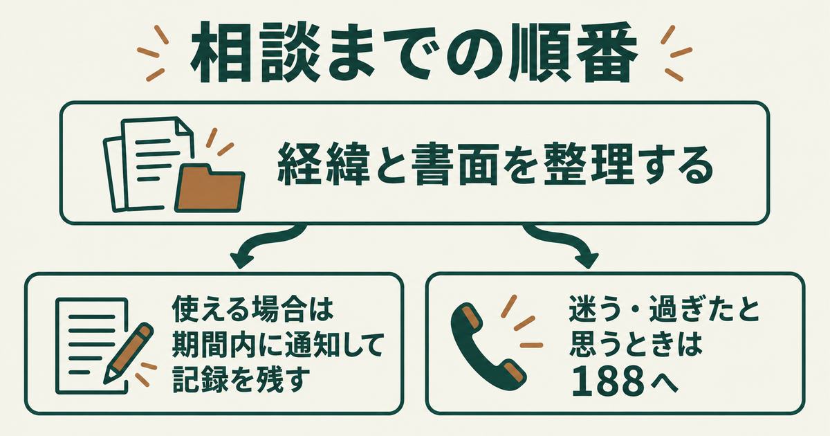 契約後に不安になったときの順番：経緯と書面を整理する、クーリング・オフが使える場合は期間内に通知して記録を残す、迷うときや期間を過ぎたと思うときは消費者ホットライン188へ相談する