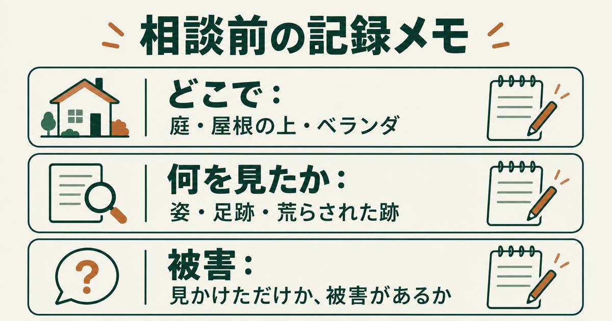 相談前の記録メモの3項目：どこで、何を見たか、被害の有無