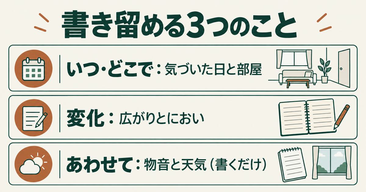 天井のしみ・においの記録メモの3項目：いつ・どこで、変化、あわせて書くこと
