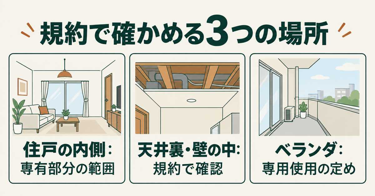 管理規約で確かめる3つの場所を示す図。住戸の内側、天井裏と壁の中、ベランダ