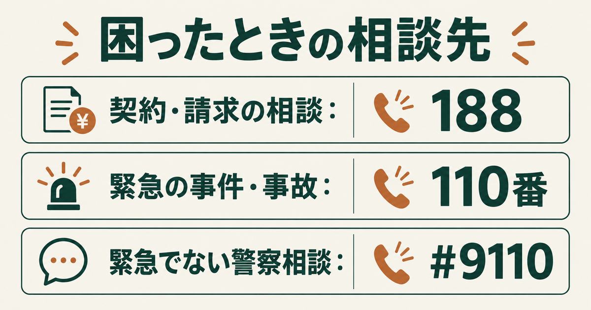 困ったときの相談先の図。契約や請求の相談は消費者ホットライン188、緊急の事件・事故は110番、緊急でない警察への相談は最寄りの警察署か#9110