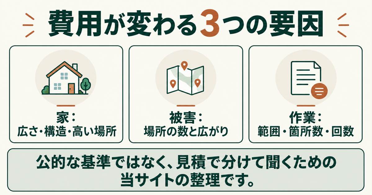 費用が変わる3つの要因の図。家の広さ・構造・高い場所の作業、被害に気づいた場所の数と広がり、作業の範囲・箇所数・回数