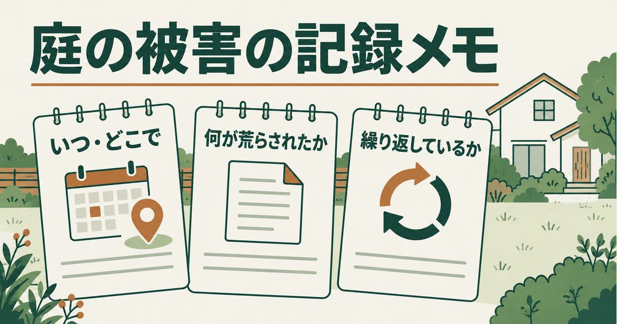 庭の被害の記録メモの3項目:いつ・どこで、何が荒らされたか、繰り返しているか