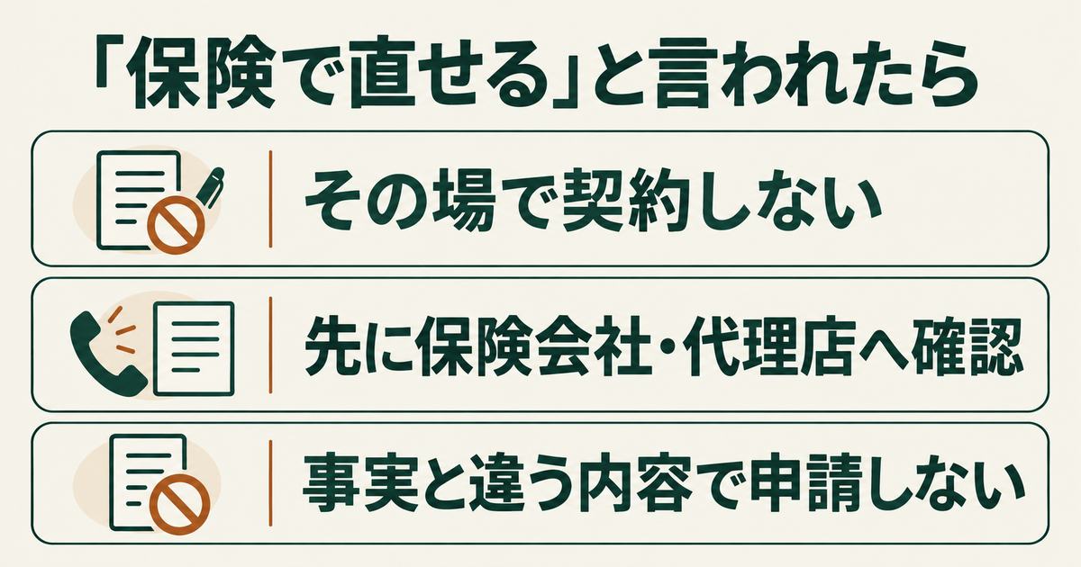 「保険で直せる」と言われたときの3つの確認。その場で契約しない、先に保険会社か代理店へ確認する、事実と違う内容で申請しない