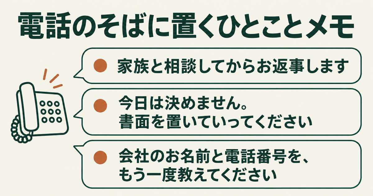 電話のそばに置くひとことメモの文例：家族と相談してからお返事します、今日は決めません。書面を置いていってください、会社のお名前と電話番号を、もう一度教えてください