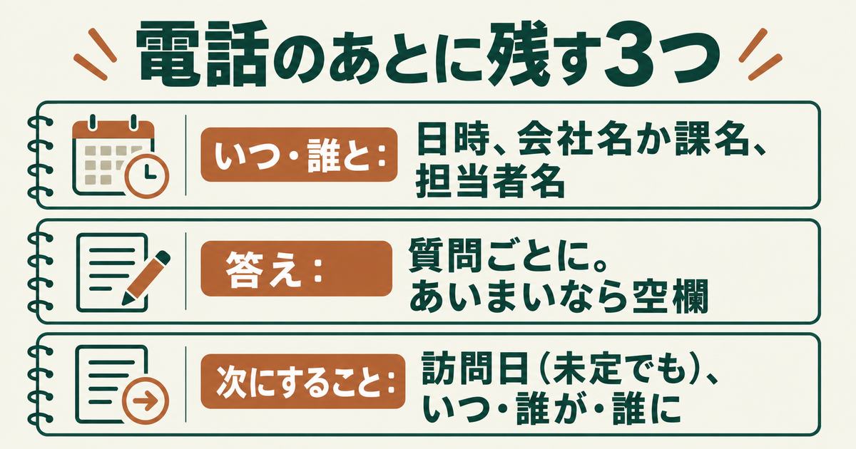 電話のあとに残す3つの記録。いつ誰と話したか、質問ごとの答え、次にすること
