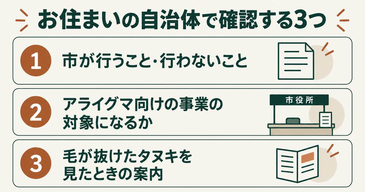 お住まいの自治体で確認する3つ：市が行うことと行わないこと、アライグマ向けの事業の対象になるか、毛が抜けたタヌキを見たときの案内