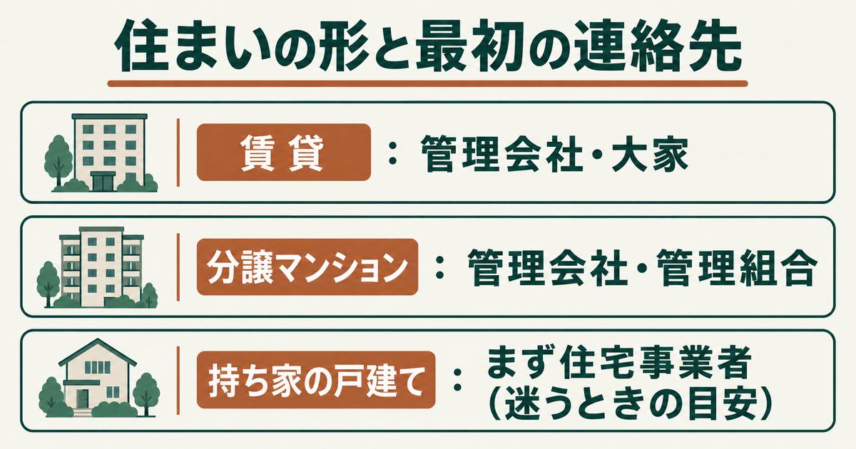 住まいの形ごとの最初の連絡先：賃貸は管理会社・大家、分譲マンションは管理会社・管理組合、持ち家の戸建ては迷うときの目安として、まず家を建てた・購入した際の住宅事業者