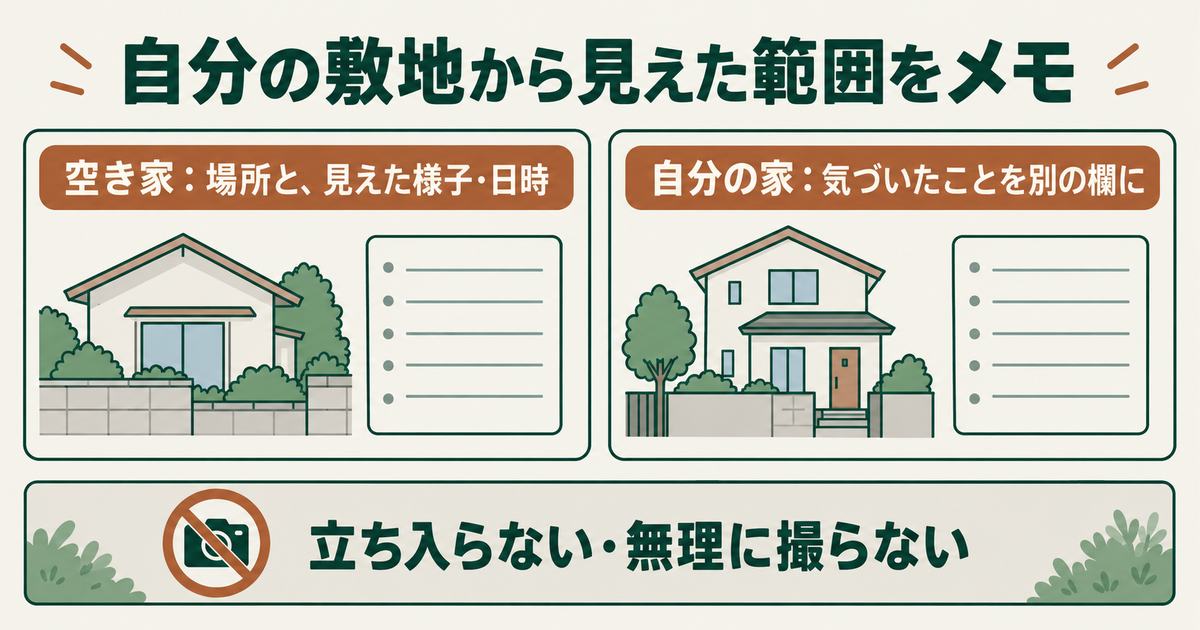 相談メモの3項目：空き家について見えた様子と日時、自分の家で気づいたこと、立ち入らず無理に撮らないこと